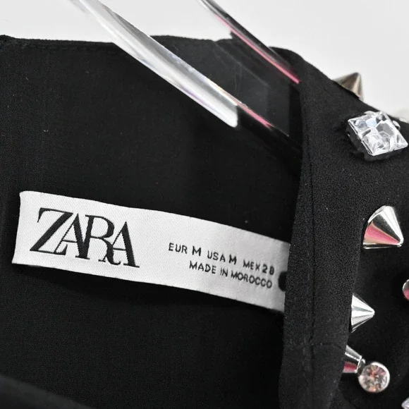 ZARA Studded Dress Size M Black Long Sleeve Shoulder Detail Mini Elevated Chic - Picture 8 of 12